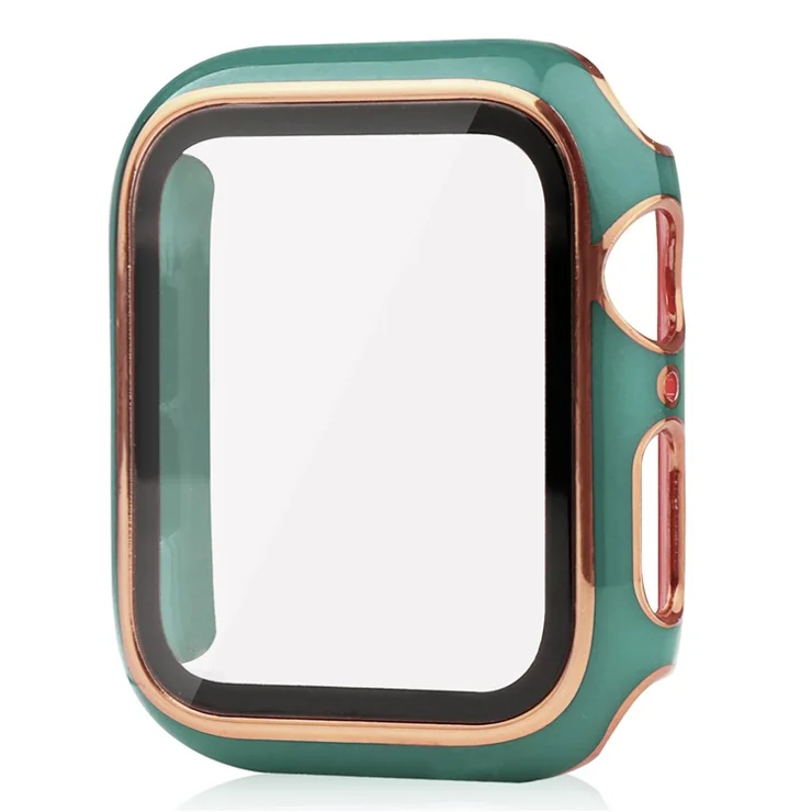 For Apple Watch Series 9 / 8 / 7 41mm Hard PC Electroplating Anti-drop Watch Case Frame Cover with Tempered Glass Screen Protective Film - Blackish Green / Gold