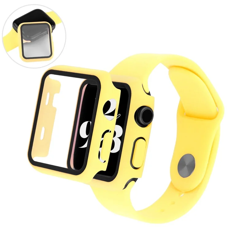 For Apple Watch SE (2022) / SE / Series 6 / 5 / 4 44mm PC Case with Tempered Glass Screen Protector Overall Shockproof Protective Cover - Yellow