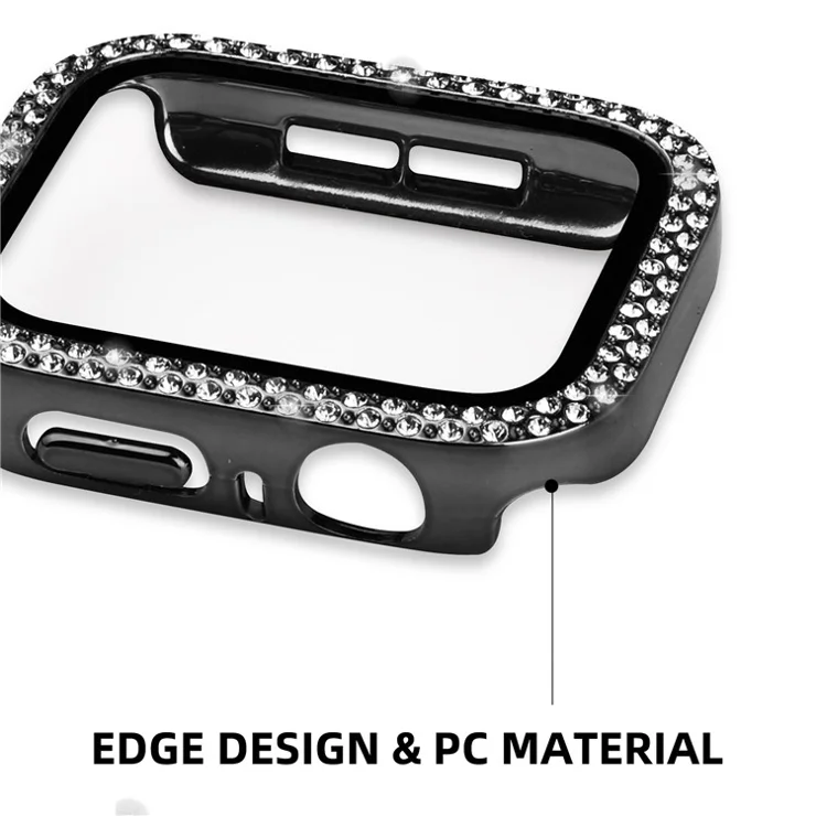 For Apple Watch Series 9 / 8 / 7 45mm Double Rhinestone Decor Protective Cover Hard PC Bumper Frame with Tempered Glass Screen Protector - Black