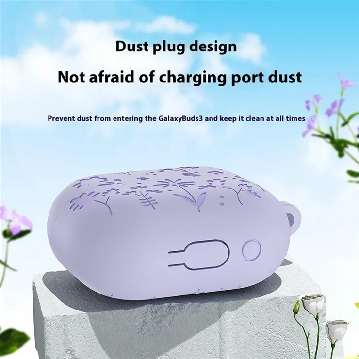 For Samsung Galaxy Buds3 Pro / Buds3 Bluetooth-compatible Earphones Flower Pattern Liquid Silicone Case with Hanging Buckle - Light Purple