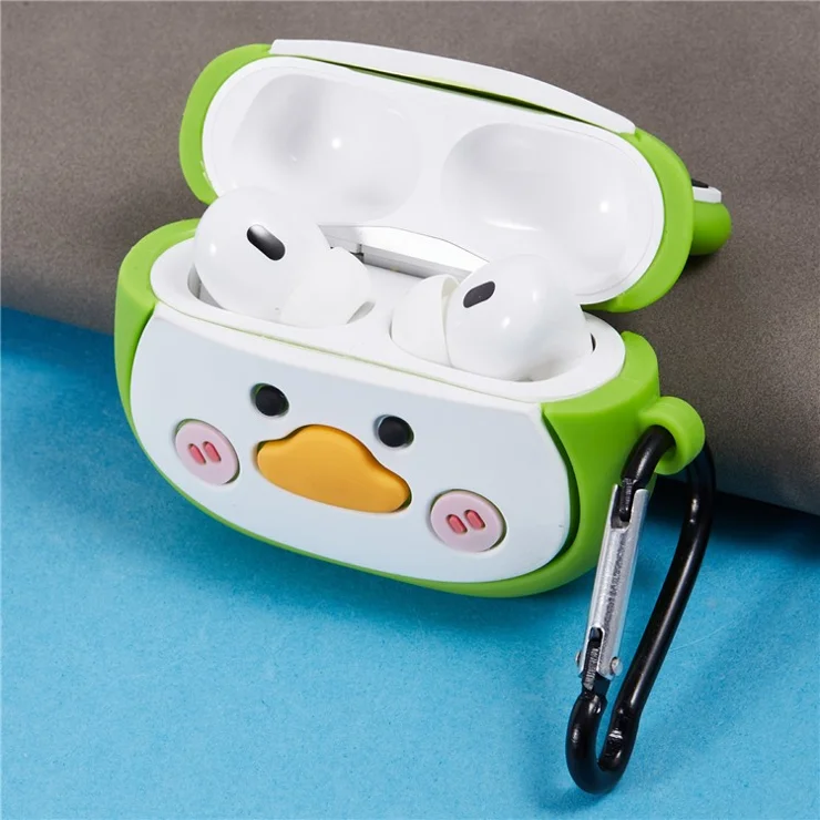 For Apple AirPods Pro Bluetooth-compatible Earphones Silicone Cover Big Eyed Frog Protective Case with Carabiner - Green