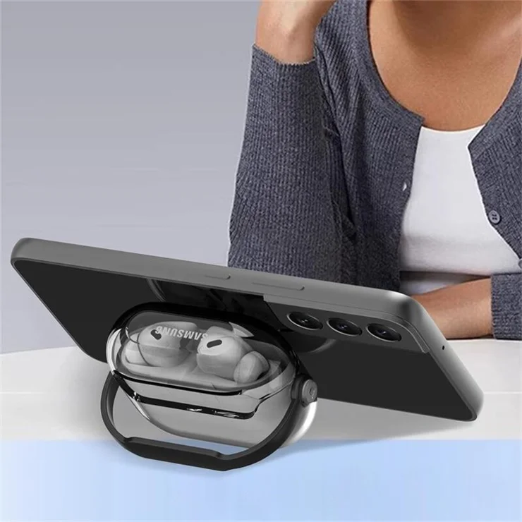 For Samsung Galaxy Buds3 / Buds3 Pro Case Kickstand TPU+PC Earbud Cover with Ring Strap - Transparent+Black
