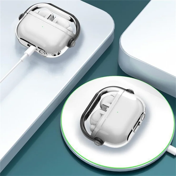 For Samsung Galaxy Buds3 / Buds3 Pro Case Kickstand TPU+PC Earbud Cover with Ring Strap - Transparent+Black