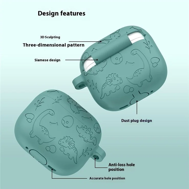 For Apple AirPods 3 Case Unique Dinosaur Design Liquid Silicone Earphone Cover with Carabiner - Matcha Green