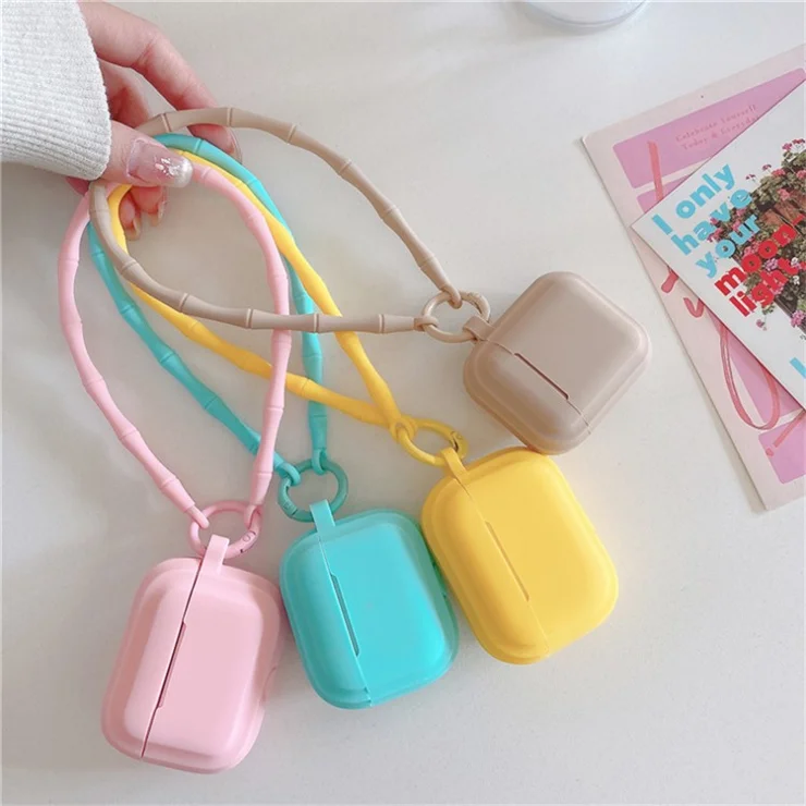 For AirPods 4 Case Bluetooth-compatible Earphone Silicone Case Protective Cover with Bamboo Shape Lanyard - Red