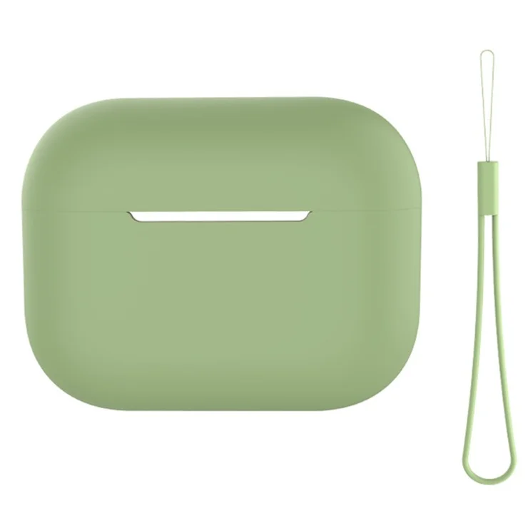 For AirPods Pro 2 Case Bluetooth-compatible Earphone Solid Color Silicone Cover with Lanyard - Matcha Green