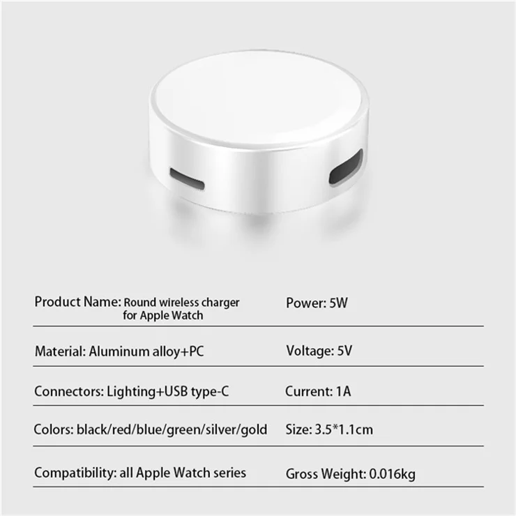 For Apple Watch 5W Fast Wireless Charger Portable Aluminum Alloy Magnetic Watch Charging Dock - Silver