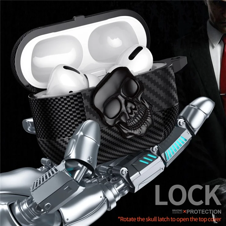 For AirPods Pro 2 Protective Case Skull Design Snap Switch TPU + Metal Earphone Cover with Carabiner - Grey