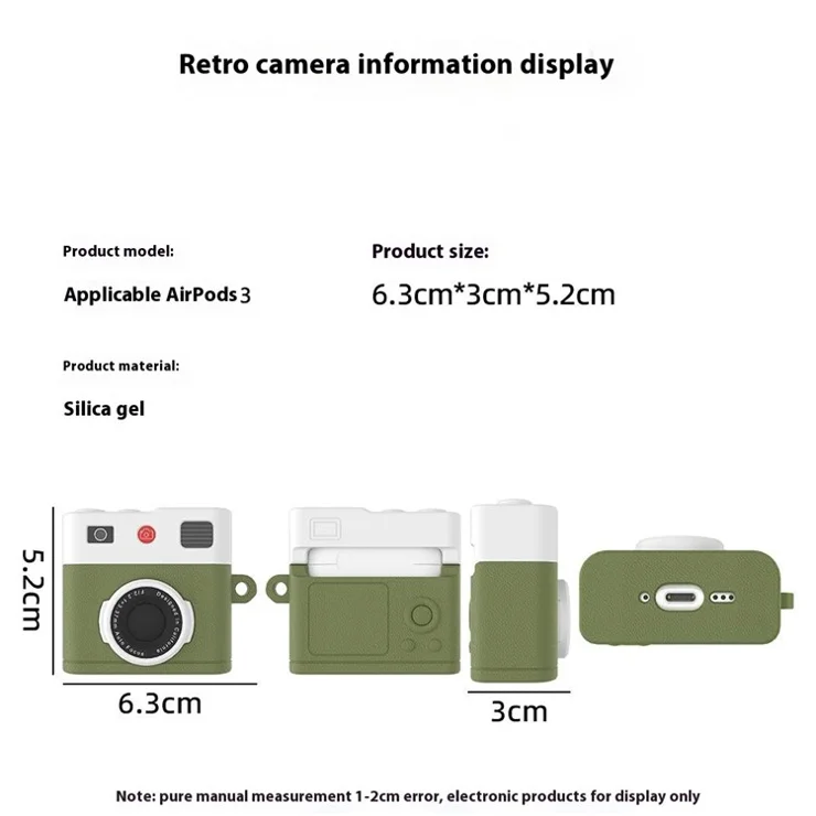 For Apple AirPods 3 Bluetooth-compatible Earphone Case Retro Camera Silicone Protective Cover with Carabiner - Beige