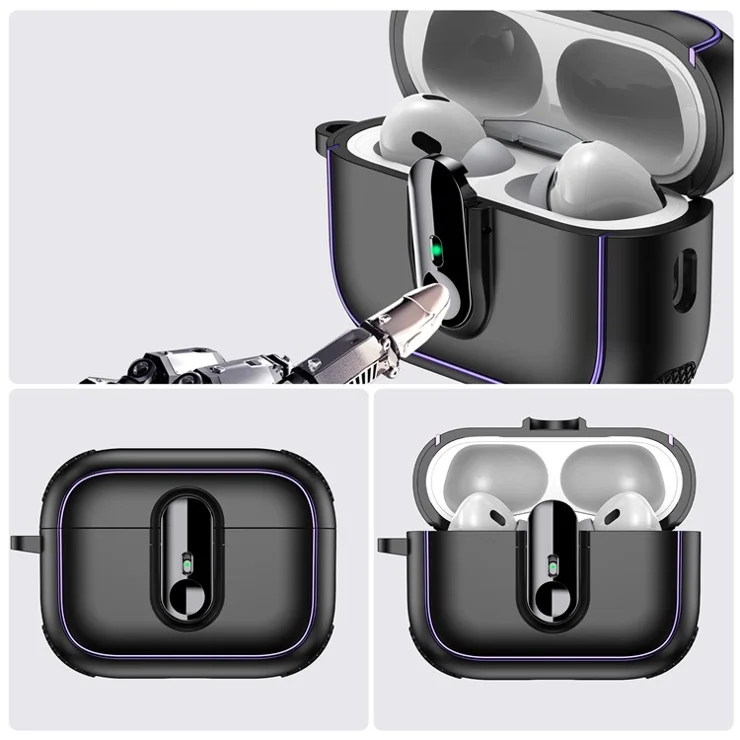 For AirPods Pro 2 Case Armor Electroplated TPU + PC Earphone Cover with Lock Buckle and Carabiner - Black / Red