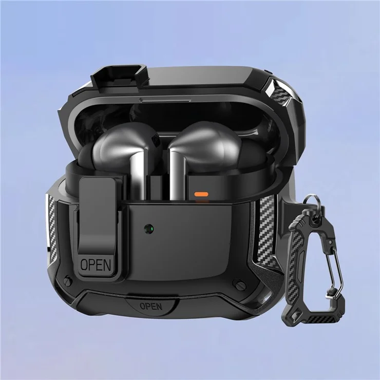 For Samsung Galaxy Buds3 Pro / Buds3 Case TPU + PC Earphones Cover with Lock Switch Carabiner Phone Stand - Black / Yellow