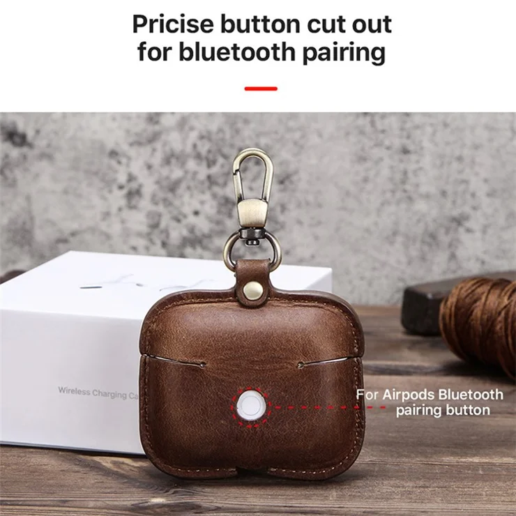 CONTACTS FAMILY Vintage Style Crazy Horse Texture Bluetooth-compatible Earphone Genuine Leather Protective Case Cover with Key Chain for Apple AirPods Pro - Wine Red