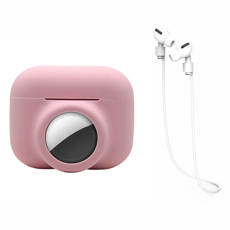 For Apple AirPods Pro + for AirTag 2-in-1 Silicone Protective Cover Anti-drop Case with Earphone Anti-lost Rope - Pink/White Rope