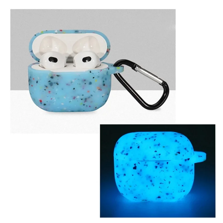 For Apple AirPods 3 Flower Design Earphone Luminous Case Bluetooth-compatible Earbuds Silicone Protective Cover with Anti-lost Carabiner - Luminous Blue