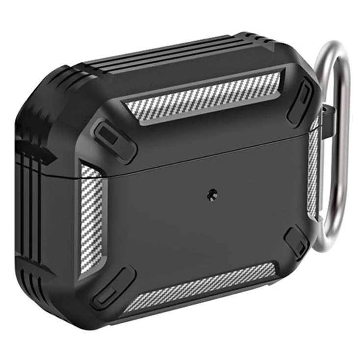 For AirPods Pro (1st Generation) Carbon Fiber Texture TPU Case Full Protection Slim-Fit Earbuds Cover with Keychain - Black