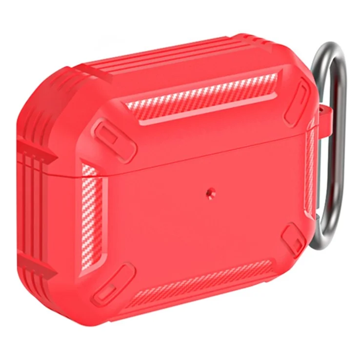 For AirPods Pro (1st Generation) Carbon Fiber Texture TPU Case Full Protection Slim-Fit Earbuds Cover with Keychain - Red