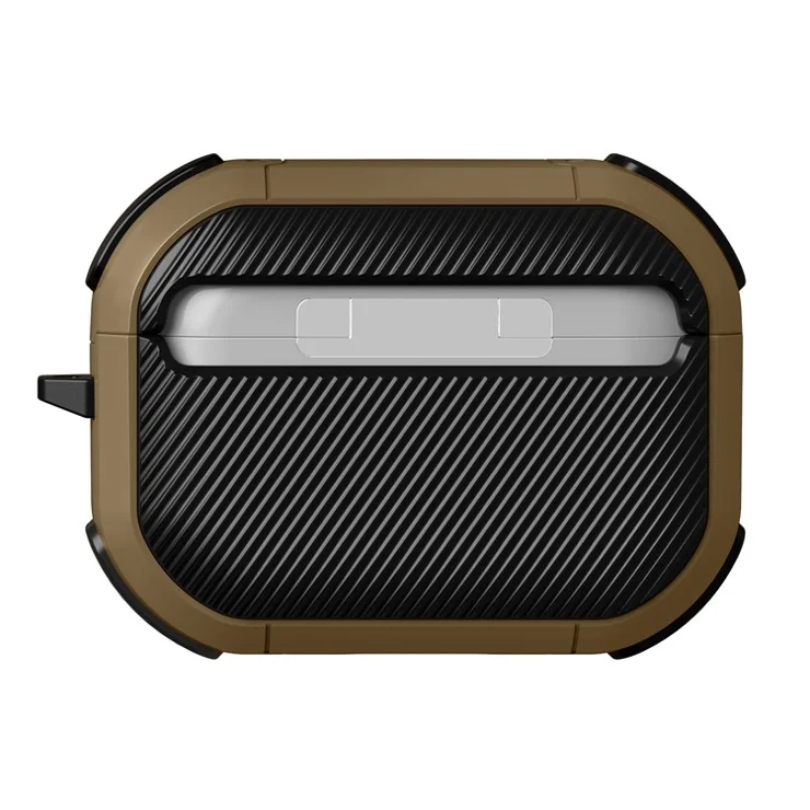 ZJ86 Thunder Armor Protection Case for Apple AirPods Pro 2 Earphone Charging Box, Hard PC+TPU Earbuds Cover with Hanging Ring - Black / Dark Brown