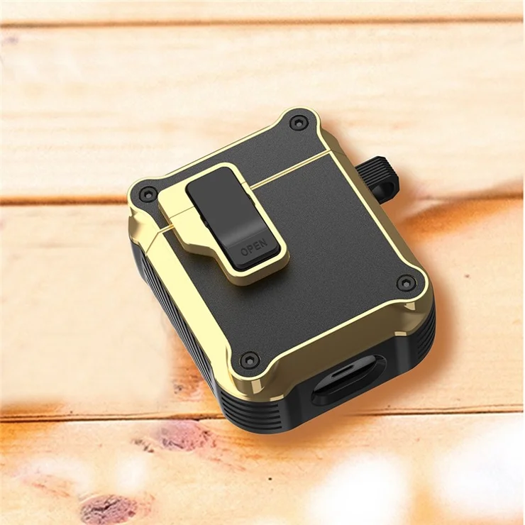 For Apple AirPods with Charging Case (2016) / (2019) / AirPods with Wireless Charging Case (2019) Protective Cover TPU+PC + Hardware Case Cover with Auto Opening Lock - Black