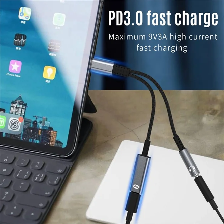 A15 USB Type C to 3.5mm Headphone and Charger Adapter, 2-in-1 USB C to Aux Audio Jack DAC Chip Fast Charging Dongle Cable - Black