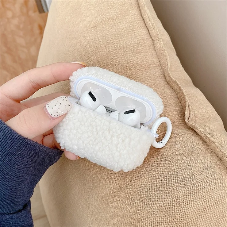 Fluff + TPU Cover for Apple AirPods Pro Charging Case Cover Bluetooth-compatible Headset Protector with Buckle - White