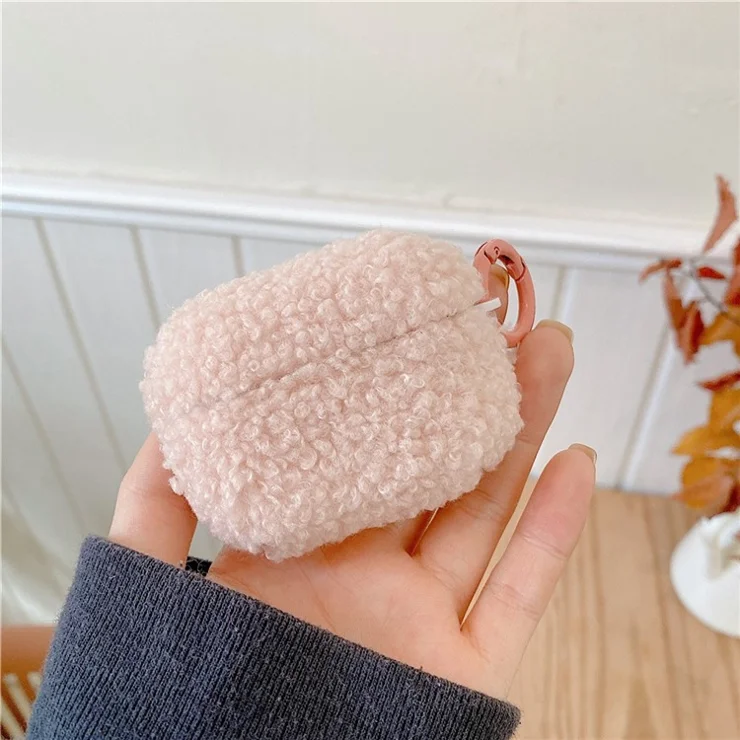 For Apple AirPods 3 Charging Case Cover Bluetooth-compatible Earbuds Protector Shockproof Fluff + TPU Cover with Buckle - Pink