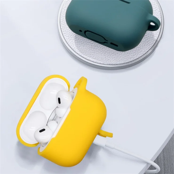 For Apple AirPods Pro 2 Earphone Silicone Case Bluetooth-compatible Earbud Charging Box Anti-drop Cover with Hand Strap and Carabiner - Grey