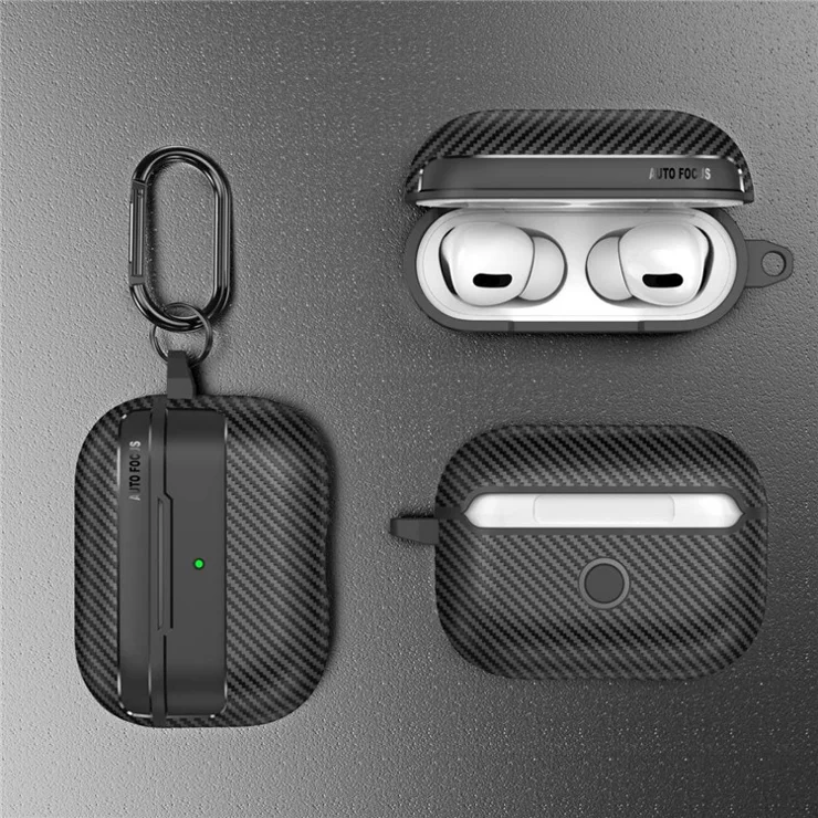 For Apple AirPods Pro Stylish Carbon Fiber TPU Anti-scratch Cover Bluetooth-compatible Earphone Full Body Protection Sleeve - Black