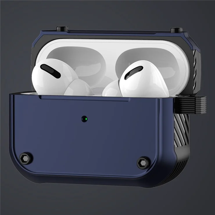 For Apple AirPods Pro Dual-color PC+TPU Earphone Shockproof Case Earbud Charging Box Anti-drop Cover with Carabiner - Blue