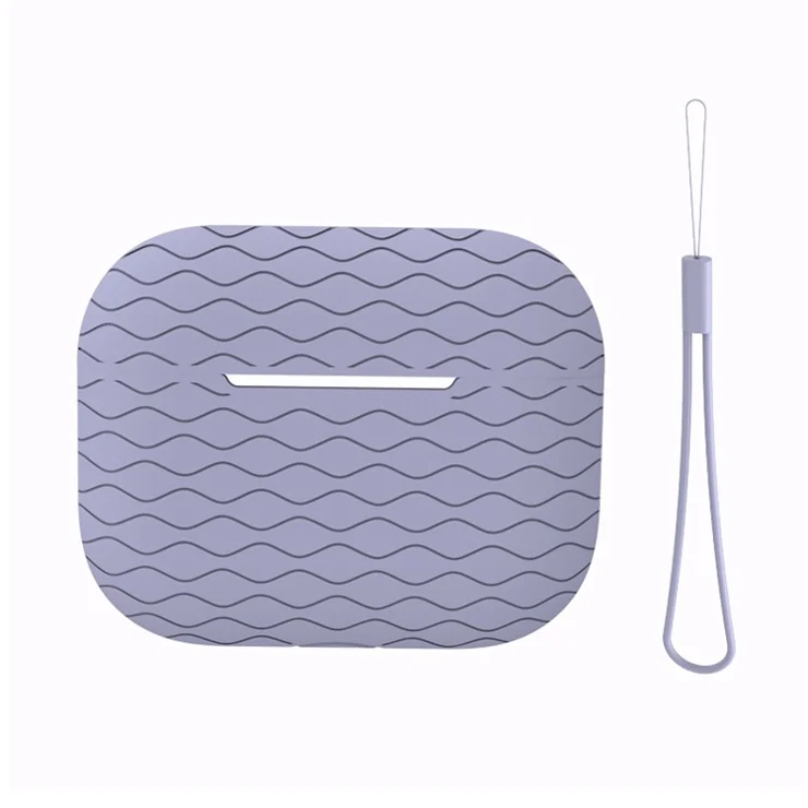 For Apple AirPods Pro 2 Wavy Edge Ocean Style Earphone Silicone Case Bluetooth-compatible Earbud Anti-drop Cover with Lanyard - Grey Blue