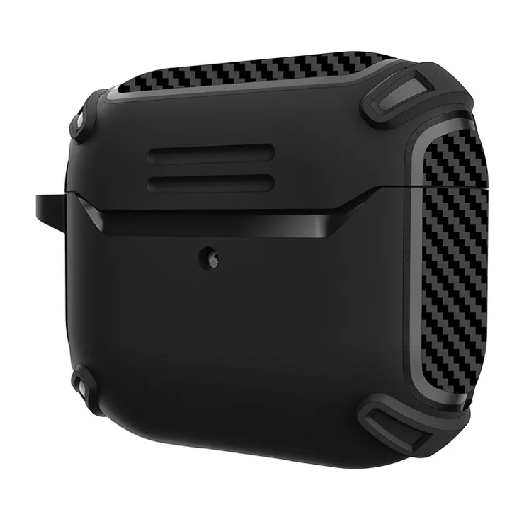 QUAD Element Series For Apple AirPods 3 Carbon Fiber Texture Earphone Case Soft TPU Full-Body Shockproof Cover with Keychain - Black