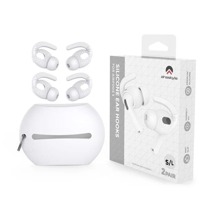 AHASTYLE PT40 2 Pairs S+L Size Eartips for Apple AirPods 3, Bluetooth-compatible Earphone Anti-lost Earhook Silicone Earbuds Sleeve - White