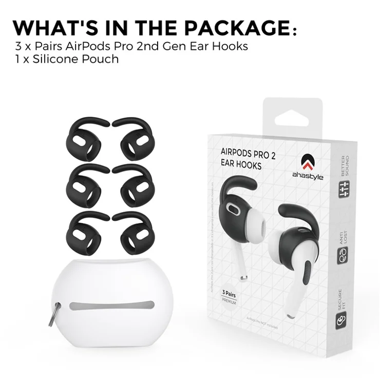 AHASTYLE PT189 3 Pairs S Size Earphone Tips for Apple AirPods Pro 2, Soft Silicone Anti-slip Earbuds Sleeve Anti-lost Earhook Eartips - Black