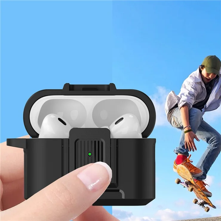 For Apple AirPods Pro 2 Earphone Case Lock Design Anti-drop Earbud Cover with Hanging Buckle - Black / Red