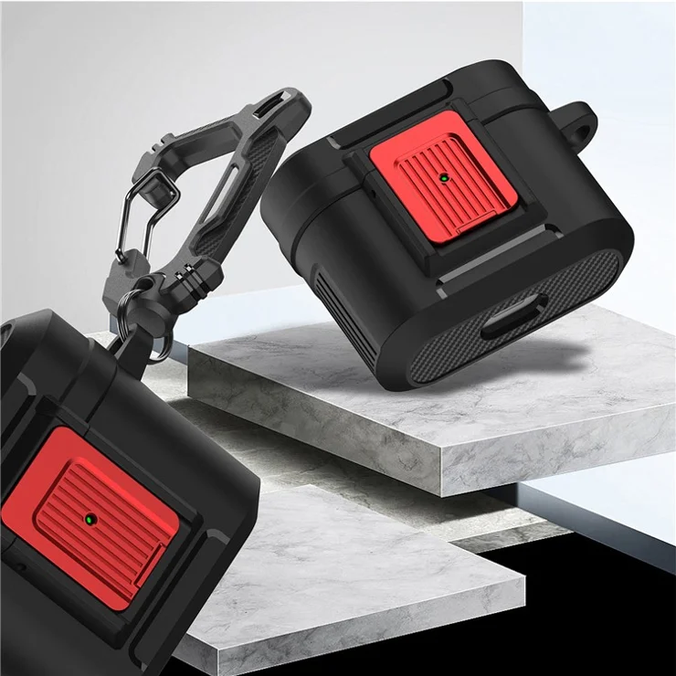 For Apple AirPods 3 Earphone Case PC + TPU Lock Design Earbud Cover with Hanging Buckle - Black / Red