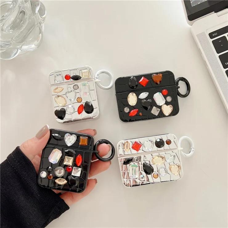 Earphone Case for Apple AirPods 3 , Crocodile Texture Gem Docor Bluetooth-compatible Earbud TPU Cover - Silver
