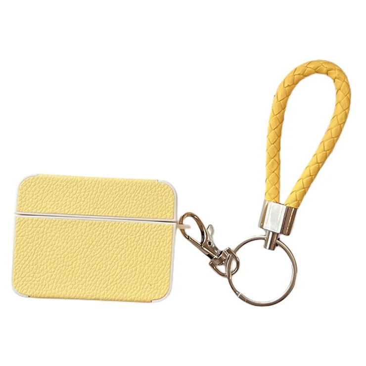 For Apple AirPods Pro 2 Protective Case Litchi Texture PU+TPU Bluetooth-compatible Earbuds Charging Case Cover with Strap - Yellow