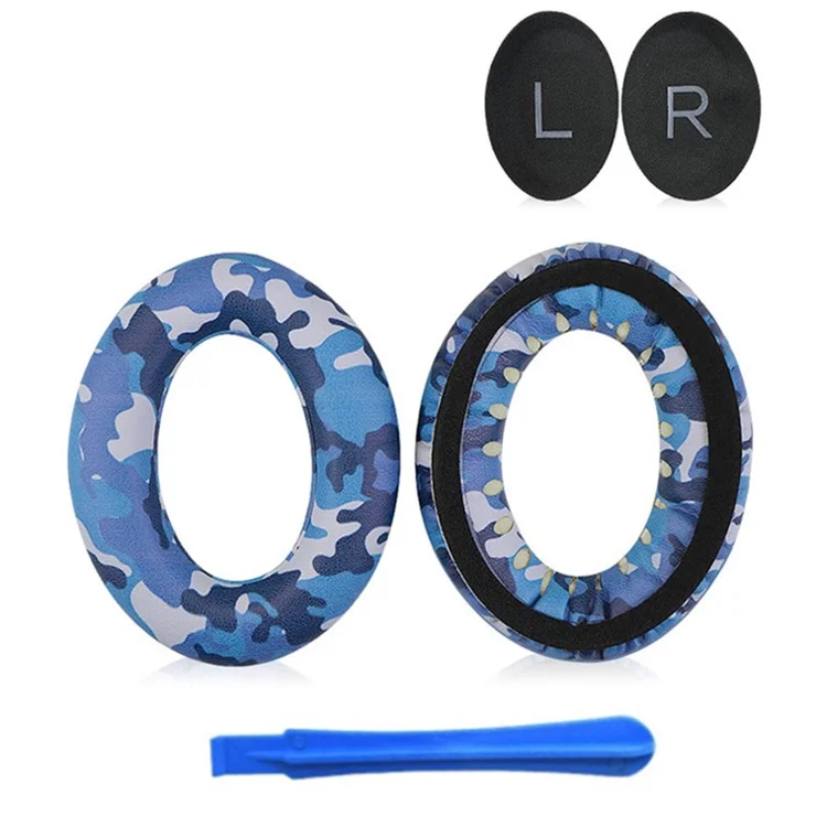 1 Pair For BOSE QC45 Soft Protein Leather Earpads Cushions + Crowbar - Blue Camouflage