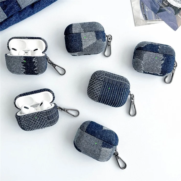 For Apple AirPods Pro Splicing Denim Bluetooth-compatible Earphone Cover Protective Case with Metal Hook - Style A
