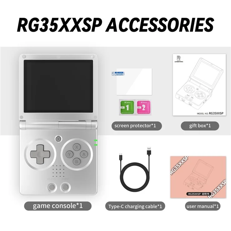 ANBERNIC RG35XXSP Retro Flip Handheld Game Console 64GB+128GB Video Game Player (English Version) - Silver