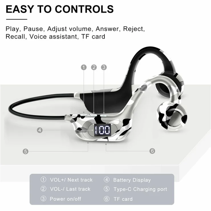 AKZ-G6 Bluetooth-compatible 5.3 Hi Fi Sound Earphones Open Ear Bone Conduction Headphones with LED Display - Black