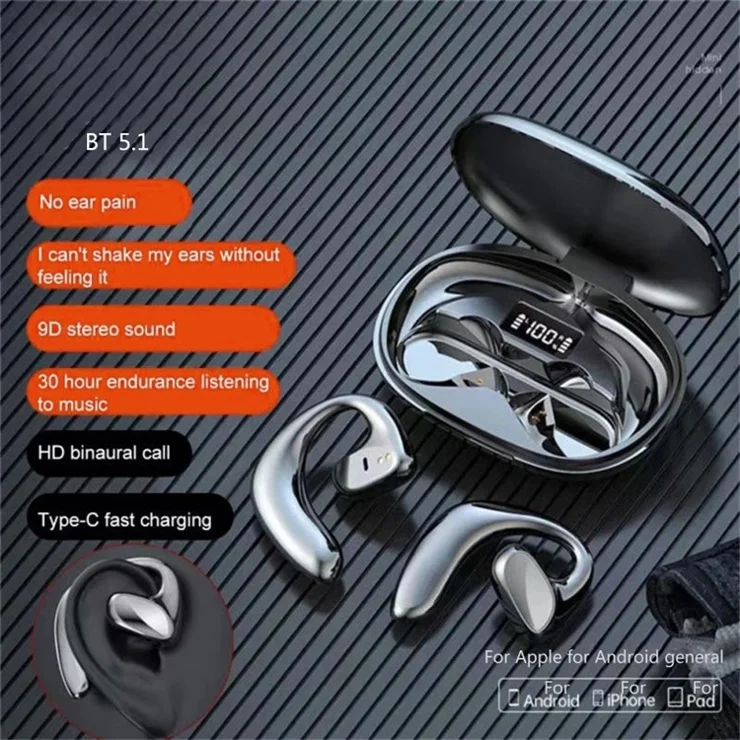 s900 TWS Wireless Bluetooth-compatible 5.1 Earphones Air Conduction Headphones with Charging Case for Running Hiking Driving Cycling - Black