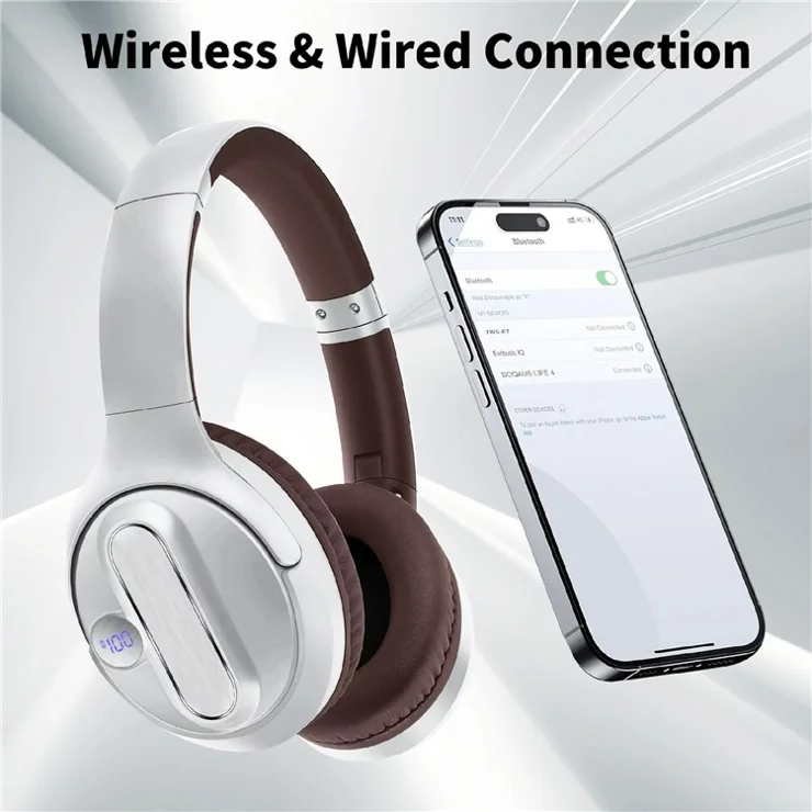 AKZ-13B Over-Ear Headphones HiFi Stereo Bluetooth-compatible 5.3 Foldable Headset with Battery Display - Silver