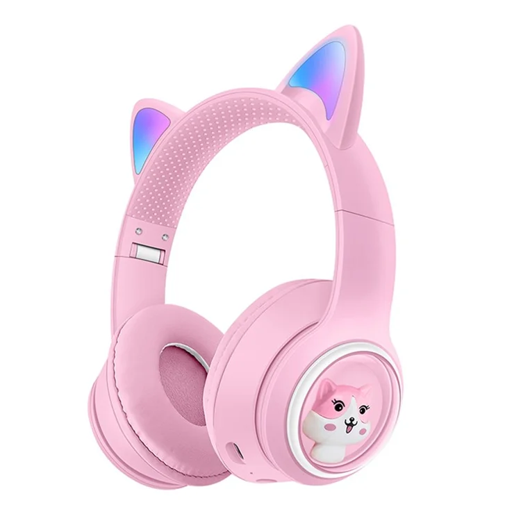 AKZ-01 Cute Cat Ear Kids Bluetooth-compatible Headphone Stereo Music Head-mounted Headset with Colorful Light - Pink