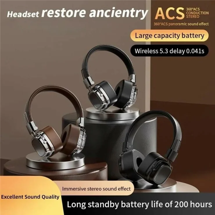 Retro Bluetooth-compatible 5.3 HiFi Sound Over Ear Headphones Noise Reduction Wireless Headset - Black