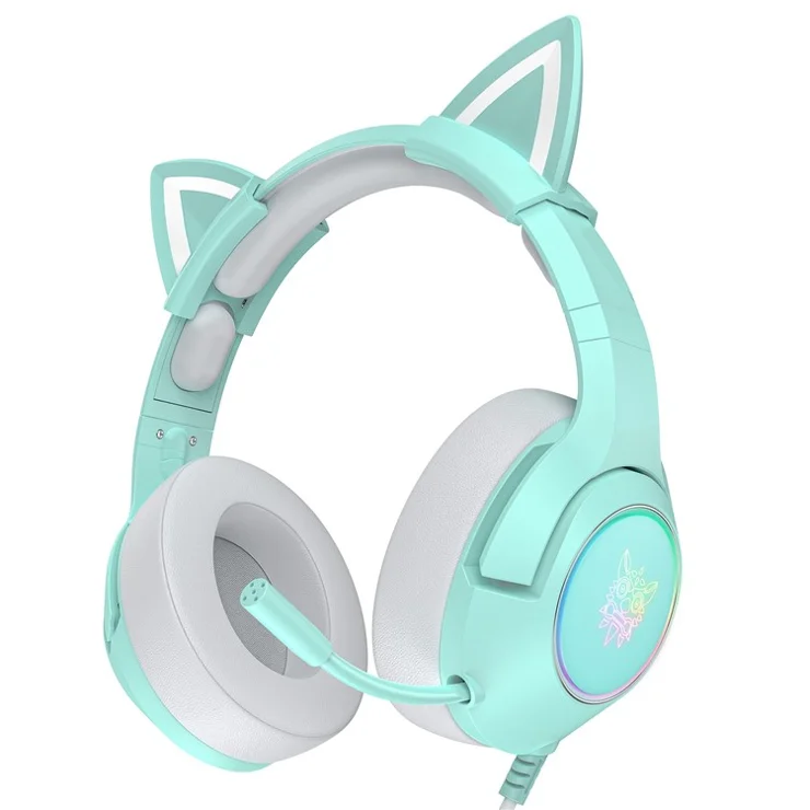 ONIKUMA K9 Cute Cat Ear Girls Gaming Headphones Head-Mounted PC Stereo Earphone Headphone with Mic LED Light - Green / with Ears