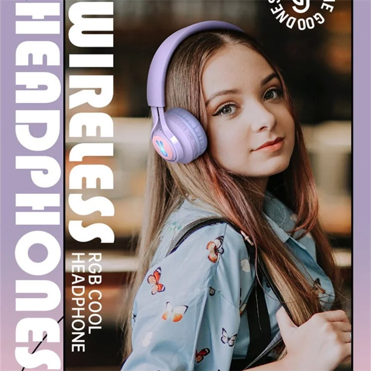 BT06+ Folding Over-ear Headset Cute Wireless Bluetooth-compatible Kid's Headphone With Microphone LED Light - Purple