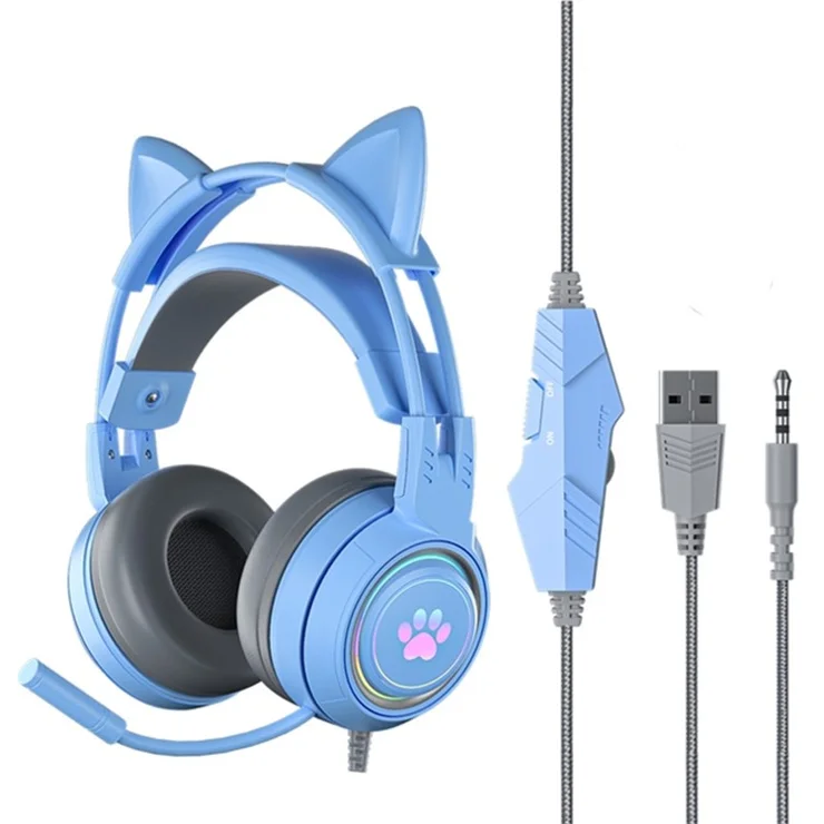 SY-G25 RGB Light Wired Headset Cat Ear Decorated Headphones with Noise Cancelling Mic 3.5mm Gaming Earphones for E-Sports - Blue
