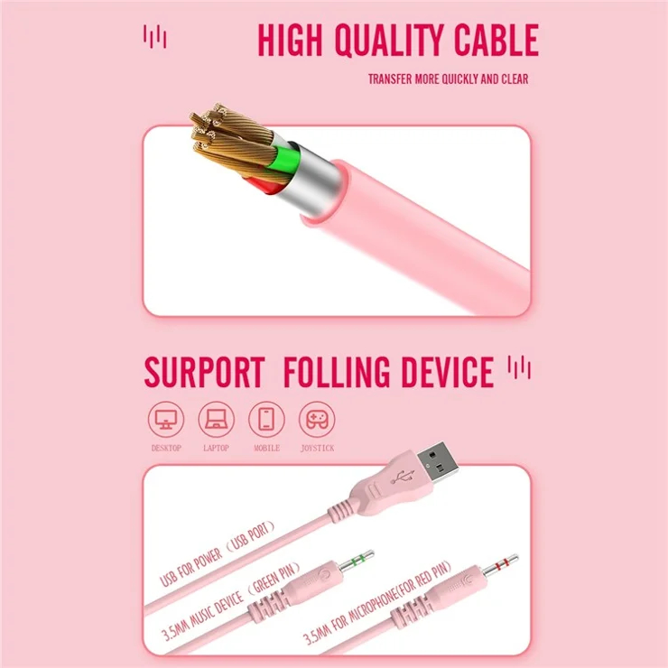 BATXELLENT H81 RGB Wired Headset Adjustable Gaming Headphone Noise Canceling Earphone with Mic for PC, Laptops, Mobile Phones - Pink