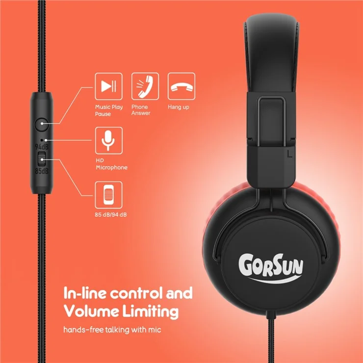 GORSUN E92V Children Wired Headset Foldable Lightweight Headphone Portable Earphone 3.5mm AUX Volume Limit for Mobile Phone MP4 - Orange