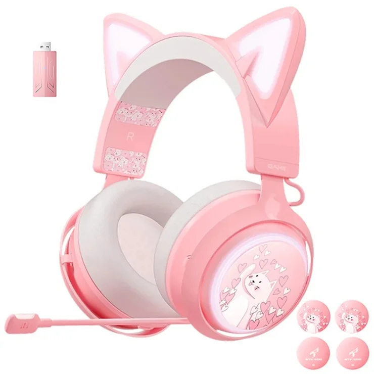 SOMIC GS510 2.4G Wireless Over-Ear E-sports Headphone Cute Cat Ear RGB LED Light Music Gaming Live Headset - Pink